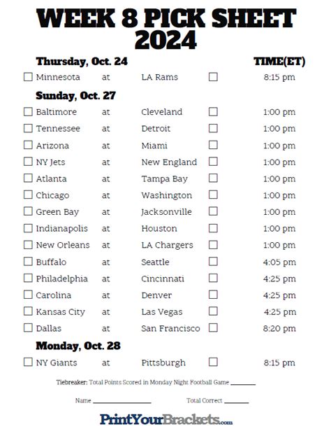 Nfl Week 8 Printable Schedule